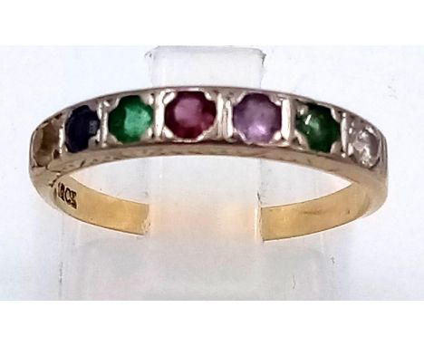 An 18 K yellow gold ring with a row of different gems (emeralds, ruby, diamond, etc). Ring size: N/0, weight: 2.44 g. 