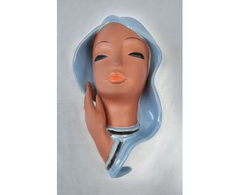 An Art Deco 1940s GoldScheider Terracotta Wall-Mask. Woman in a blue head-scarf. Model no: 781310. Very good condition. 32 x 