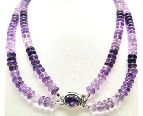 343cts Two Row Cabochon Amethyst Necklace with Amethyst Clasp in 925 Silver, Length 46cm 