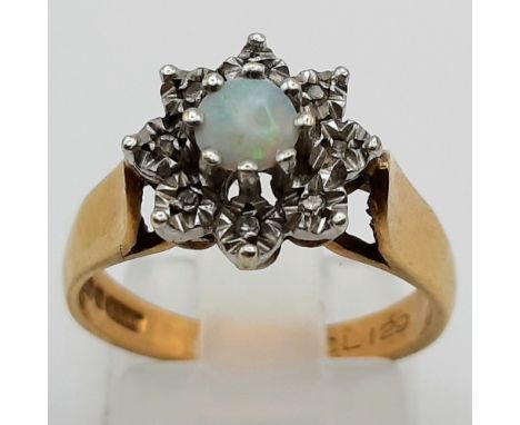 A 9K Yellow Gold Diamond and Opal Set Vintage Cluster Ring. Size M 1/2. 3.5g 