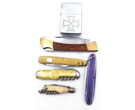 A collection of five vintage knives and one German Nazi Style Flip Top Petrol Lighter 