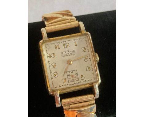 Vintage Gentlemans Vitalis wristwatch with ROLLED GOLD bracelet. Art Deco style digits and square case. Manual winding 15 rub