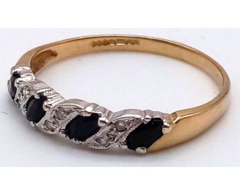 A 9K Yellow Gold Diamond and Sapphire Half Eternity Ring. Size R. 1.7g 