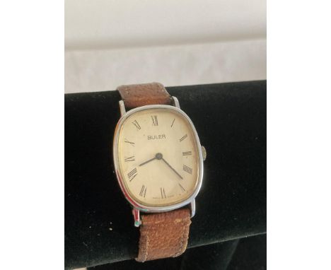 Vintage BULER 1950/60?s wristwatch, manual winding in full working order. Leather strap, Vintage condition. 