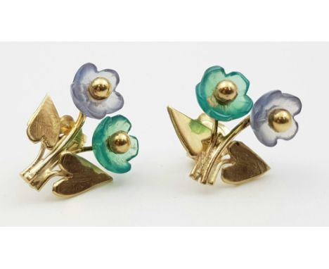 A Pair of 9k Jade and Lavender Jade Floral Designed Earrings. 3.08g. 