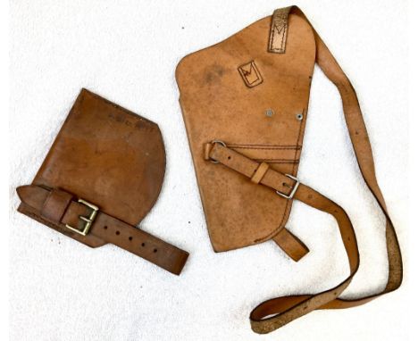 Vintage British Army Most Likely WW2 Leather Shoulder Holster and a Leather Entrenching Tool Holster Marked with Broad Arrow 