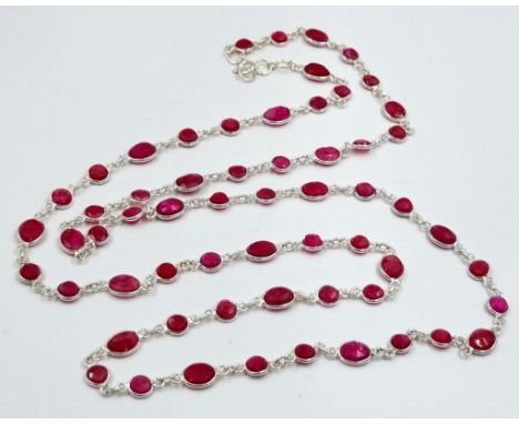 22 Grams Ruby Gemstone Long Chain Necklace, 925 Silver,90cm Long, can be worn single row or as two rows 