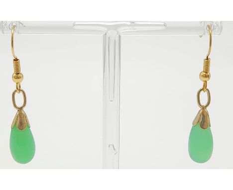A Pair of Green Jade Teardrop Earrings. 