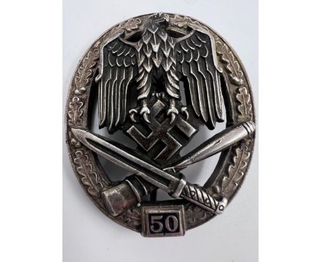 A Quality 1960s Reproduction WW2 Germany Army Assault Badge - For those who had participated in at least 50 assaults. 6 x 5cm