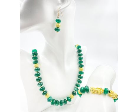 A Jade Necklace, Bracelet and Earring set. Gilded clasps and attachments. Necklace - 54cm. Bracelet - 16cm. 