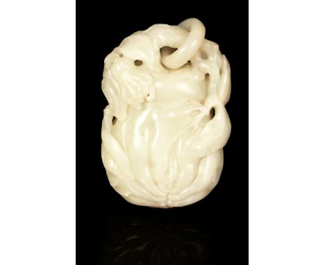 A FINE CHINESE PALE CELADON JADE LINKED BOX AND COVER well carved as a finger citrus, the two halves joined by a loose ring, 