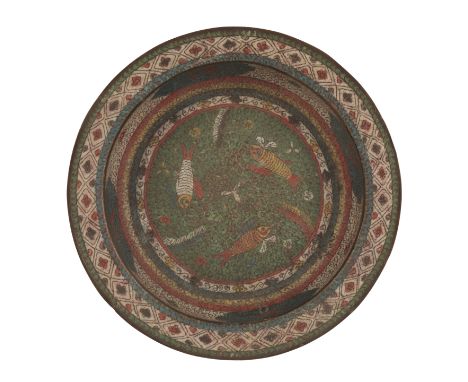 A CHINESE CLOISONNE BASIN decorated with three fish to the centre,  late Ming, 32.5cm diam.