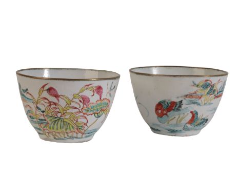 A PAIR OF CHINESE CANTON ENAMEL FAMILLE ROSE WINE CUPS each painted with a pair of Mandarin ducks and other small birds among