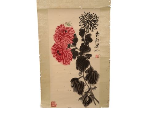 CHINESE SCHOOL A hanging scroll painted with flowers, coloured ink, signed and with two seals, the image 68cm x 34cm