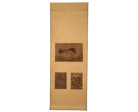 A CHINESE HANGING SCROLL mounted with three paintings in ink and colours on paper depicting three butterflies, a shoal of fis