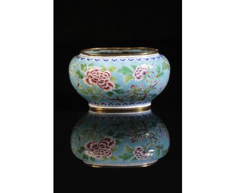 A RARE "BEIJING" ENAMEL FAMILLE ROSE WATER-POT the turquoise ground painted with peonies, lotus and chrysanthemum blossoms, t