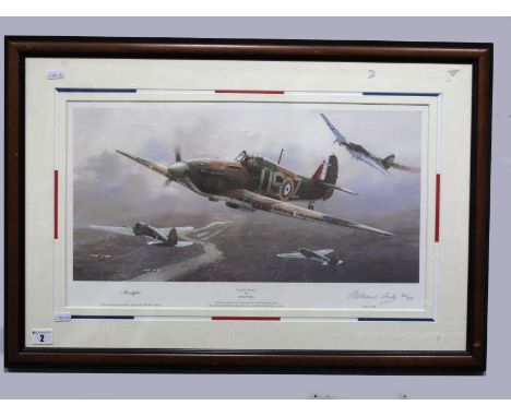 Print After Adrian Rigby 'London Guard' - Hurricane of 56 Squadron Over London, framed, graphite signed by artist and Flight 