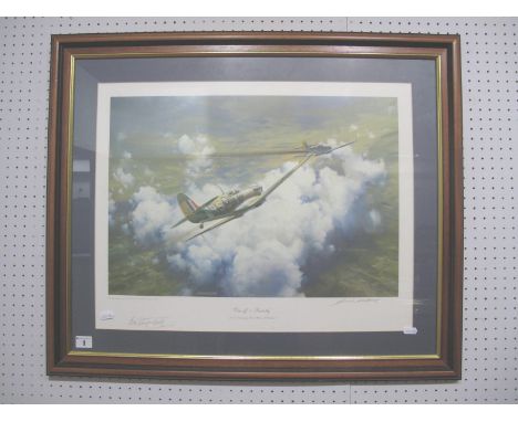 A Print After Frank Wootton, showing WWII dog fight named - 'One Off-Smartly', graphite signed by artist and Bob Stanford Tuc