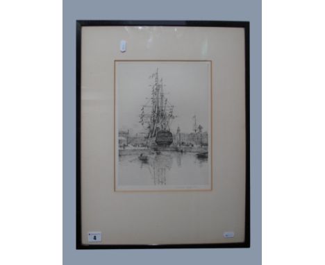 A Print of HMS Victory by Rowland Langmaid, pencil signed, frame measurement 41cm wide, 54cm high.