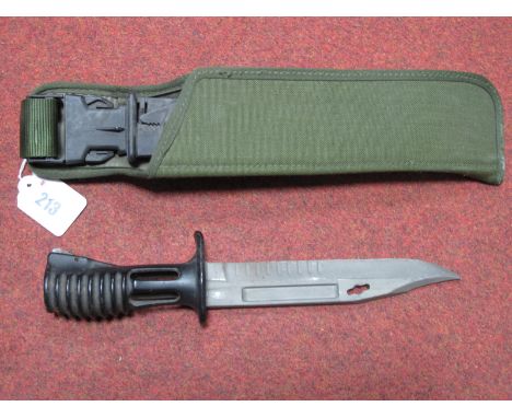 Late XX Century British Knife Bayonet, for the S.A. 80 Rifle in good used condition, in its scabbard and webbing cover.