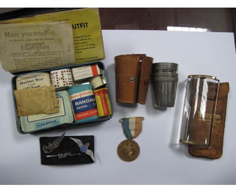 Three Mid XX Century RAF Pin Badges, including two Air Gunners Wings, A RAC Medical Kit, map reading glass and plated shot cu