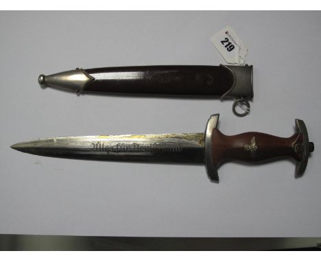 A Pre WWII German Third Reich S.A. Dress Dagger, engraved blade in good condition in its scabbard, makers mark "RZM M7/13".