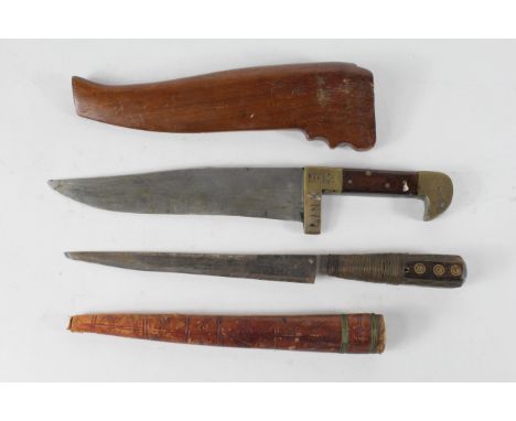 Interesting Knife in the style of Indian 'PESH KAB2', wood grips, brass mounts with 'HQ. M.C/WS./MK/LINK'. In a fitted wooden