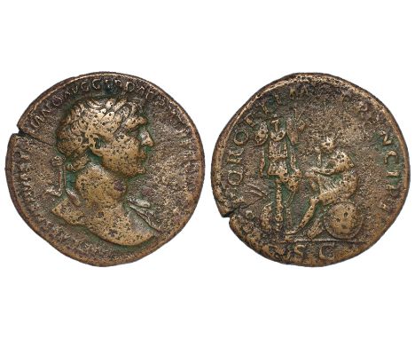 Trajan brass sestertius, obverse:- Laureate bust with aegis, right, reverse:- Dacia seated left in attituded of mourning, on 