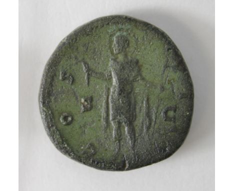 Antoninus Pius brass sestertius, Rome Mint 146 A.D., reverse:- Antoninus dressed in military attire, holding branch and spear