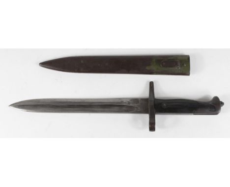 Model 1870 Italian Vetterli blade, shortened to 9.25". Excellent grip & mount, quillon removed. In its steel scabbard with 30