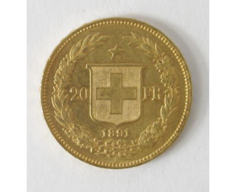 Swizterland Gold 20 Francs 1891B, EF, light scratch.