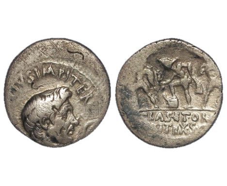 Sextus Pompey, silver denarius, Sicily 42-40 B.C., obverse:-  Bare head of Pompey the Great right, between jug and lituus, re