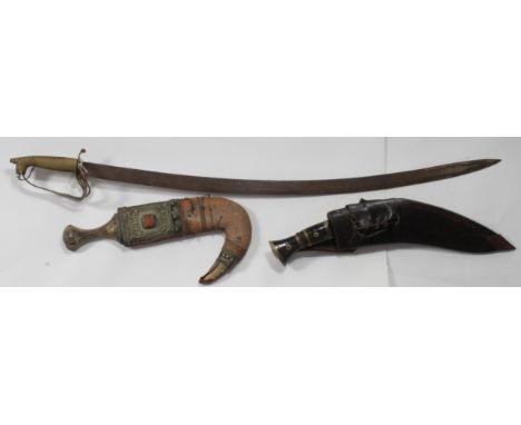 Indian Kukri in leather scabbard with a decorative Indian sword with plain brass guard. No scabbard & rusted. Plus an old Ara