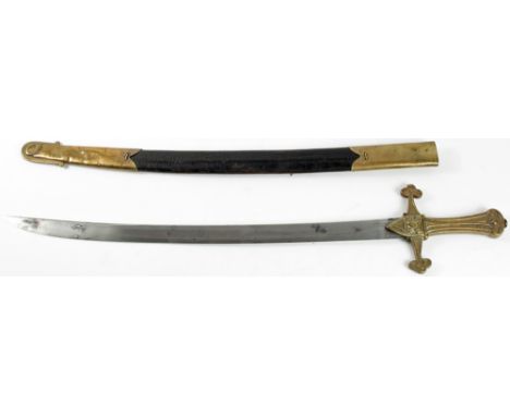 Victorian scarce curved blade bandsman sword as issued to Sgts with brass hilt leather and brass scabbard unmarked blade.