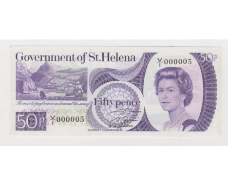St. Helena 50 Pence P5a, First Run very low No. V/1 000005 (1979), light signs of glue residue  on back, aUnc/Unc