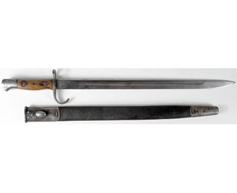 PO7 bayonet with scarce hooked fighting quillon. Clean blade 17". Ricasso clearly marked 'GR. 1907' dated 4' '13 and made by 