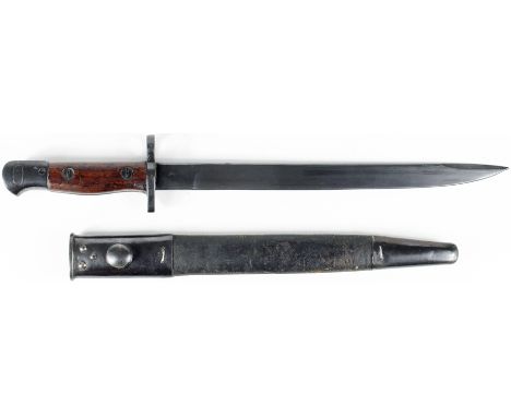 SMLE 'India Pattern' No1 MKII bayonet. Unfullered blued blade 12" with false edge at tip. Ricasso marked 'N.W.R.' (North West