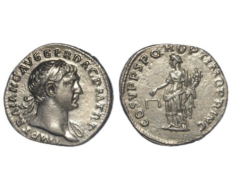 Trajan silver denarius, Rome Mint 108 A.D., reverse reads:- COS V P P S.P.Q.R. OPTIMO PRINC, Aequitas standing left holding s