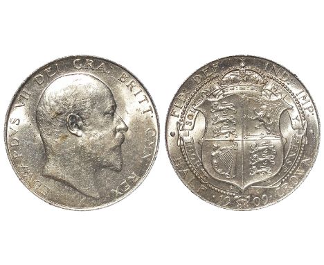 Halfcrown 1909 EF-GEF, a few tiny edge nicks and a light scratch behind head.