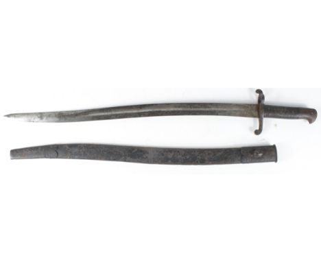 Bayonet: A British Pattern 1856 Volunteers bayonet in its steel mounted leather scabbard. Good blade 58cms with double R mark