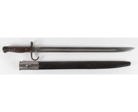 Rare P07 SMLE bayonet with hooked quillon by rare maker Mole. In its steel mounted leather MK1 scabbard with integral button 