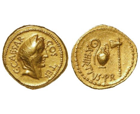 Julius Caesar [lifetime issue], gold aureus Rome Mint 46 B.C., obverse:- Veiled head of Vesta? legend:- C CAESAR COS TER, rev