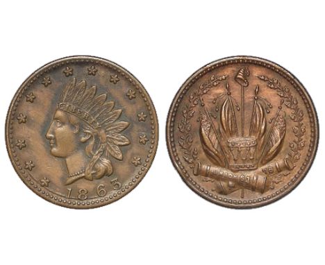 USA Civil War Cent Token 1863 featuring Indian head and trophy of arms, EF, light edge knock.