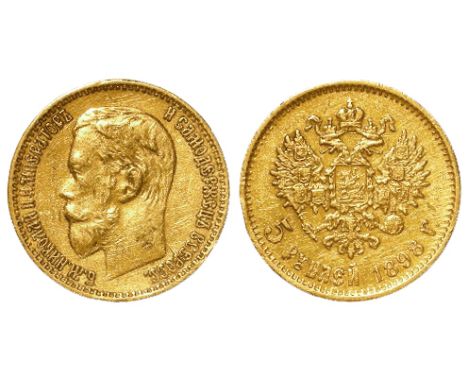 Russia Gold 5 Roubles 1898 VF-GVF, light edge knock.