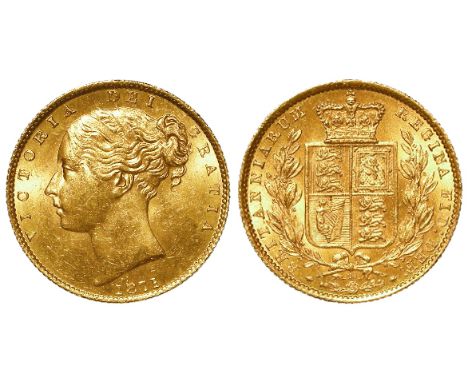 Sovereign 1871 shieldback, die 28, lightly toned EF, a couple of die flaws and light scratches.