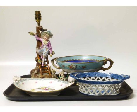 Crown Derby twin handle dish, pierced blue transfer basket possibly Spode and a twin handled dish, also a continental table l