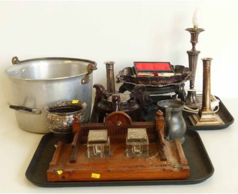 An assortment of metal-ware, including a silver plated lamp stand and plate. Also a double glass inkstand and two wooden stan