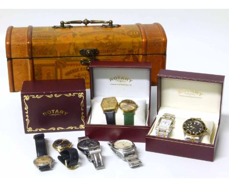 Casket containing four Rotary gold plated gent's wristwatches and assorted base metal watches. No condition reports for this 