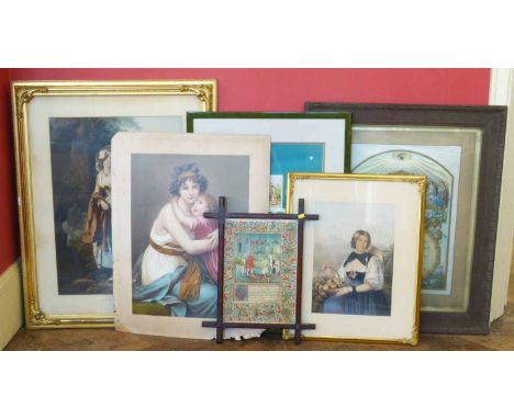 Three prints, English and continental school portraits, plus a 'Sons of Temperance' certificate, a framed illuminated manuscr