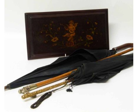 S. Fox "Paragon" Victorian umbrella dated gilt metal grip 1894, walking stick with reclining lady, one other stirling silver 